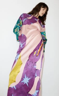 Superhero Snake Printed Silk-Satin Midi Dress -Lady Fashion Store alemais pink superhero snake printed silk satin midi dress 4