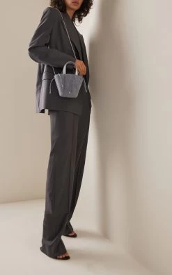 Amina Muaddi Rih Crystal-Embellished Denim Bucket Bag