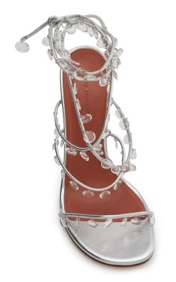 Amina Muaddi Tina Lace-Up Metallic Leather Sandals -Lady Fashion Store amina muaddi silver tina lace up metallic leather sandals 2