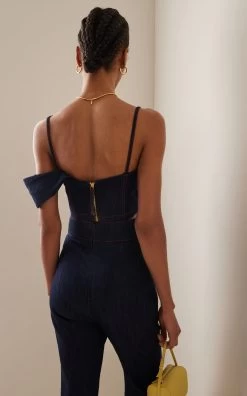 Carolina Herrera Corseted Cotton-Chambray Crop Top -Lady Fashion Store carolina herrera blue asymmetric corset chambray cropped top 2