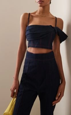 Carolina Herrera Corseted Cotton-Chambray Crop Top