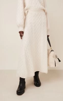 Chloé Wool-Cashmere Cable Knit Midi Skirt -Lady Fashion Store chloe ivory wool cashmere cable knit midi skirt 1