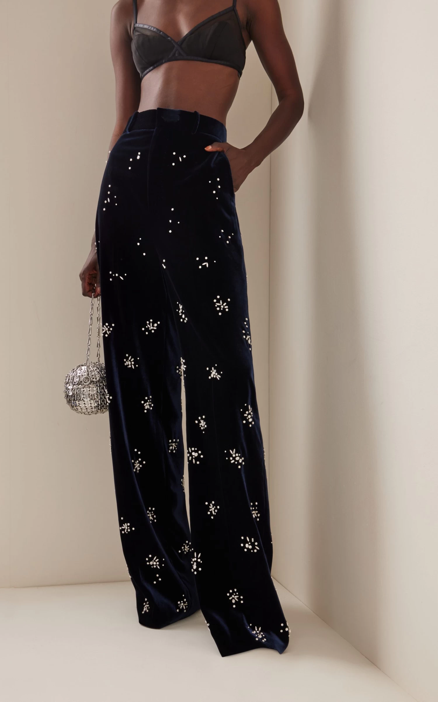 Exclusive Crystal-Embellished Velvet Wide-Leg Pants 4 Exclusive Crystal-Embellished Velvet Wide-Leg Pants - Image 2