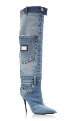 Dolce & Gabbana Patchwork Denim Knee Boots -Lady Fashion Store dolce gabbana blue patchworch jeans 3