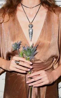 Dagger 18K Yellow Gold, Distressed Silver Opal Necklace