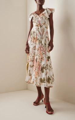 Erdem Ruffled Printed Cotton-Silk Fit-and-Flare Midi Dress