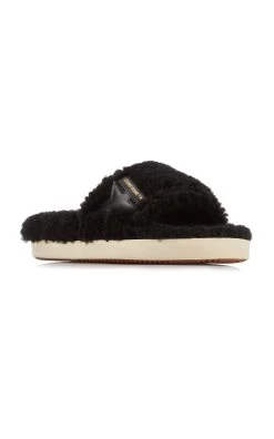 Golden Goose Poolstar Leather-Trimmed Shearling Slides -Lady Fashion Store golden goose black poolstar leather trimmed shearling slides 3
