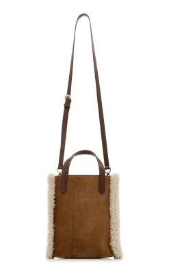 Golden Goose Mini California Shearling-Trimmed Suede Tote Bag -Lady Fashion Store golden goose brown mini california golden goose property merino and suede body 2
