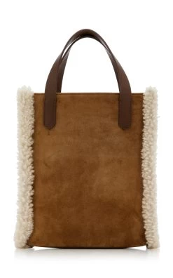 Golden Goose Mini California Shearling-Trimmed Suede Tote Bag -Lady Fashion Store golden goose brown mini california golden goose property merino and suede body 4