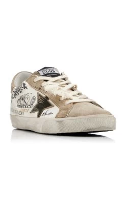 Golden Goose Super-Star Printed Suede And Leather Sneakers -Lady Fashion Store golden goose white super star nappa upper with journey print suede star and heel 2
