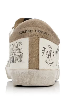 Golden Goose Super-Star Printed Suede And Leather Sneakers -Lady Fashion Store golden goose white super star nappa upper with journey print suede star and heel 3