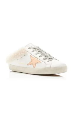 Golden Goose Superstar Shearling-Lined Leather Slip-On Sneakers -Lady Fashion Store golden goose white super star sabot leather upper laminated star shearling lining flowers embossed foxing 3