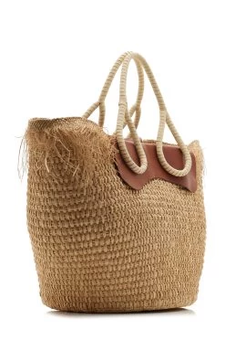 JOHANNA ORTIZ Leather-Trimmed Palm Tote Bag -Lady Fashion Store johanna ortiz neutral iraca tote with leather handle 2