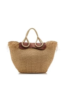 JOHANNA ORTIZ Leather-Trimmed Palm Tote Bag -Lady Fashion Store johanna ortiz neutral iraca tote with leather handle 3