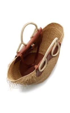 JOHANNA ORTIZ Leather-Trimmed Palm Tote Bag -Lady Fashion Store johanna ortiz neutral iraca tote with leather handle 4