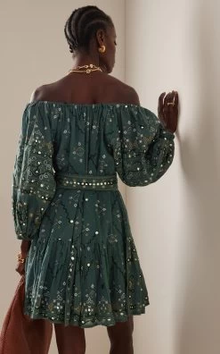 Mosaic Off-The-Shoulder Cotton Mini Dress -Lady Fashion Store juliet dunn green mosaic off the shoulder cotton mini dress 2