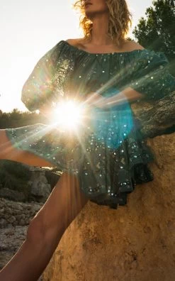 Mosaic Off-The-Shoulder Cotton Mini Dress -Lady Fashion Store juliet dunn green mosaic off the shoulder cotton mini dress 4