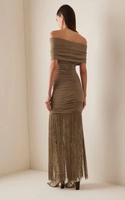 Jacinta Off-The-Shoulder Fringe Maxi Dress -Lady Fashion Store khaite khaki jacinta dress 2