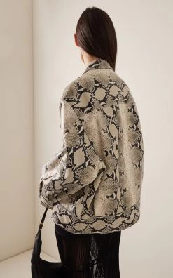 Tania Snake-Effect Leather Bomber Jacket -Lady Fashion Store khaite neutral tania snake effect leather bomber jacket 2