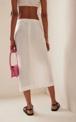 Linen-Blend Midi Skirt -Lady Fashion Store matthew bruch white drawstring slit midi skirt 2