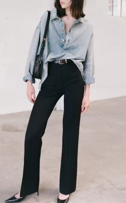 NILI LOTAN Harper Cotton-Linen Denim Shirt -Lady Fashion Store nili lotan light wash harper denim shirt 3