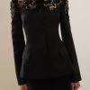 Oscar De La Renta Off-Shoulder Velvet Guipure Lace Blazer Top -Lady Fashion Store oscar de la renta black off shoulder velvet guipure lace blazer top