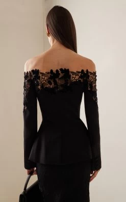 Oscar De La Renta Off-Shoulder Velvet Guipure Lace Blazer Top -Lady Fashion Store oscar de la renta black off shoulder velvet guipure lace blazer top 2