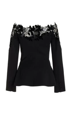 Oscar De La Renta Off-Shoulder Velvet Guipure Lace Blazer Top -Lady Fashion Store oscar de la renta black off shoulder velvet guipure lace blazer top 3