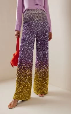 Oscar De La Renta Ombré Sequined Wide-Leg Pants -Lady Fashion Store oscar de la renta multi ombre sequined wide leg pants 1