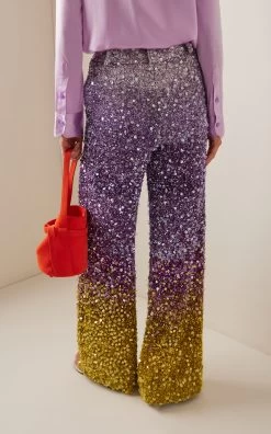 Oscar De La Renta Ombré Sequined Wide-Leg Pants -Lady Fashion Store oscar de la renta multi ombre sequined wide leg pants 2
