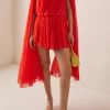 Oscar De La Renta Cape-Detailed Pleated Silk Chiffon Mini Dress 2 Oscar De La Renta Cape-Detailed Pleated Silk Chiffon Mini Dress -Lady Fashion Store oscar de la renta red cape detailed pleated silk chiffon mini dress
