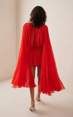Oscar De La Renta Cape-Detailed Pleated Silk Chiffon Mini Dress 10 Oscar De La Renta Cape-Detailed Pleated Silk Chiffon Mini Dress -Lady Fashion Store oscar de la renta red cape detailed pleated silk chiffon mini dress 2