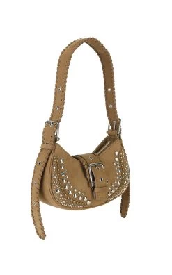 Hobo Brocle Studded Suede Shoulder Bag -Lady Fashion Store osoi brown hobo brocle studded suede shoulder bag 3