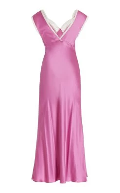 Lace-Trimmed Silk Maxi Dress -Lady Fashion Store rodarte pink lace trimmed silk satin maxi dress 3