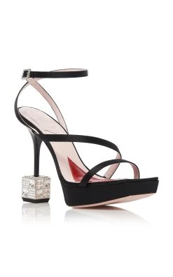 Embellished-Cube Satin Sandals -Lady Fashion Store roger vivier black cube strass heel sandal 120 3