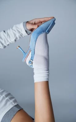 Fringed Denim Slingback Pumps