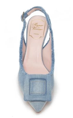 Fringed Denim Slingback Pumps -Lady Fashion Store roger vivier medium wash fringed denim slingback pumps 3