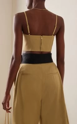 Khaki Layered Cotton-Blend Cropped Top -Lady Fashion Store rosie assoulin neutral khaki cotton blend bralette top 2