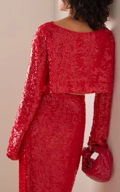 Sequined Cropped Top -Lady Fashion Store sally lapointe red sequined cropped boat neck top 2