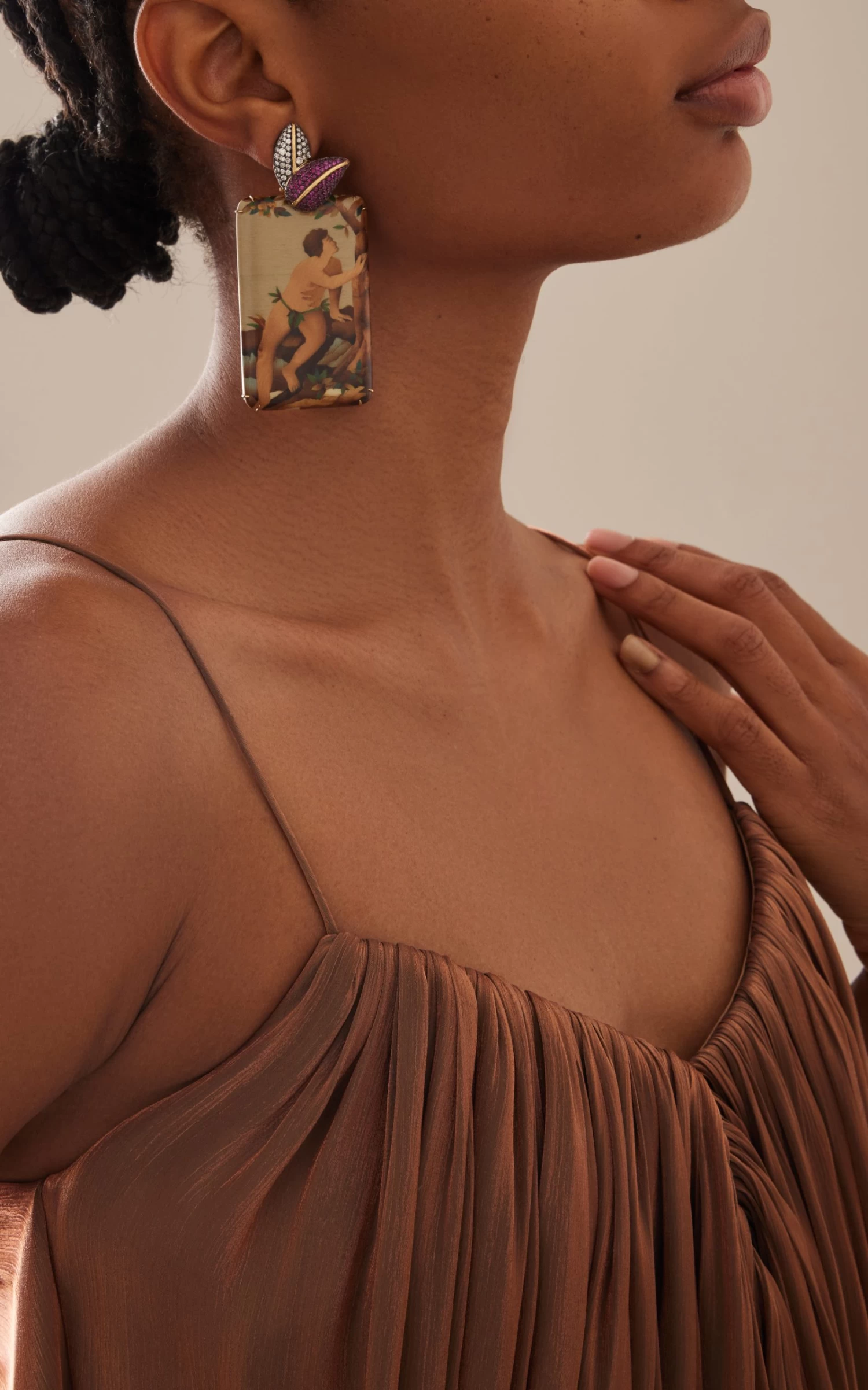 18k Yellow Gold Marquetry Ruby Diamond Earrings 4 18k Yellow Gold Marquetry Ruby Diamond Earrings - Image 2