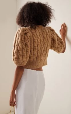 Simone Rocha Puff-Sleeve Embellished Cable-Knit Wool-Blend Cropped Cardigan -Lady Fashion Store simone rocha brown cropped cable puff sleeve cardigan w turbo embl 2