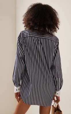 X Lacoste Oversized Striped Cotton-Poplin Shirt -Lady Fashion Store sporty rich stripe striped poplin shirt 2