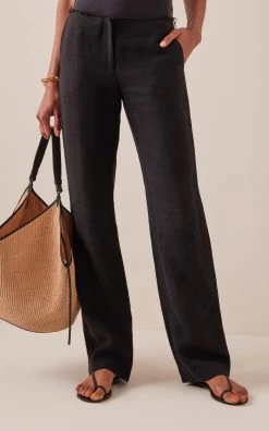 Raw Edge Linen Straight-Leg Pants -Lady Fashion Store st agni black raw edge linen straight leg pants 2 1