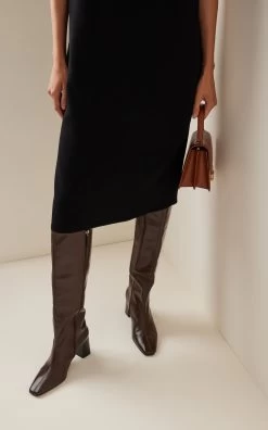 The Row Square-Toe Leather Knee Boots -Lady Fashion Store the row brown square leather boots 1