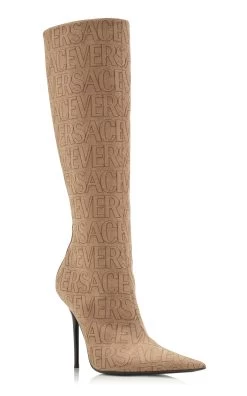 Versace Leather Knee-High Boots -Lady Fashion Store versace brown boots t 110 fabric calf leather 3